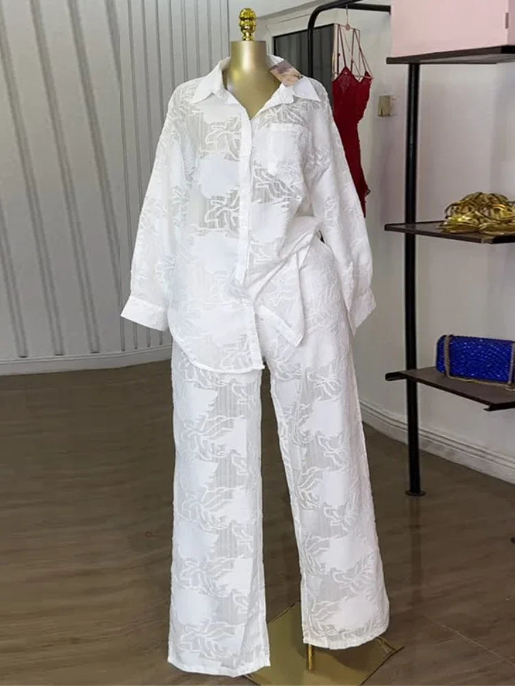 Women's Summer Pant Sets with Turned-down Collar Long-sleeve Shirt and High-waist Straight-leg Pants Two-piece Outfit