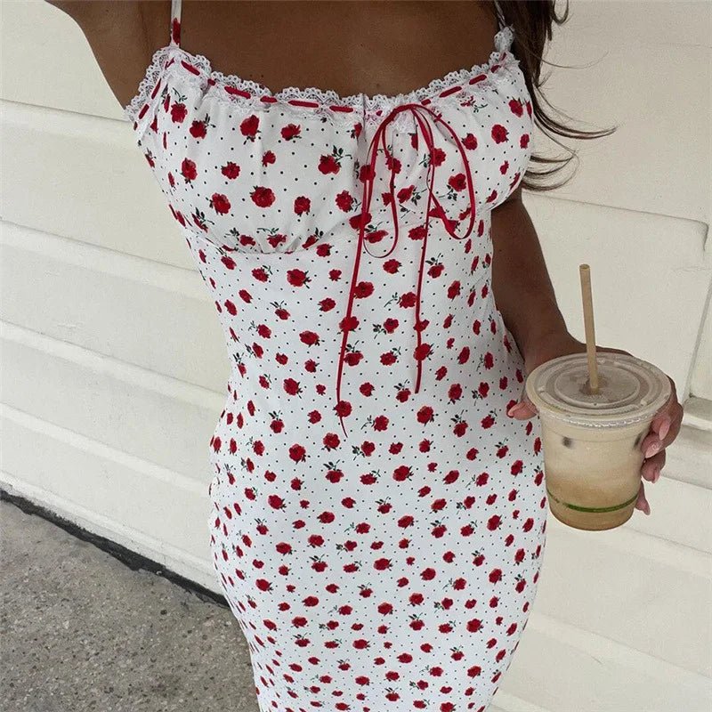 Rose Print Maxi Dress for Women Summer Bodycon Style