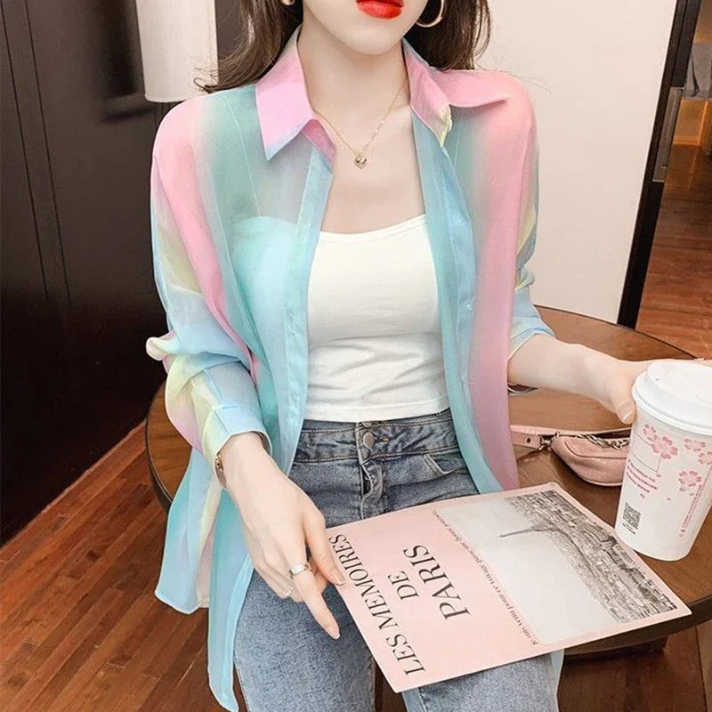 Irregular Gradient Rainbow Color Sheer Turn-Down Collar Long Sleeve Loose Fit Women's Casual Blouse Top