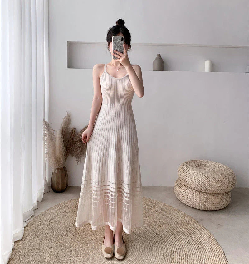 Striped Midi Dress Mesh Korean Patchwork Spaghetti Strap