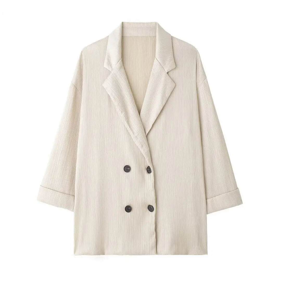 Chic Vintage Pink Loose Blazer and High Waist Wide Leg Pants Set for Women