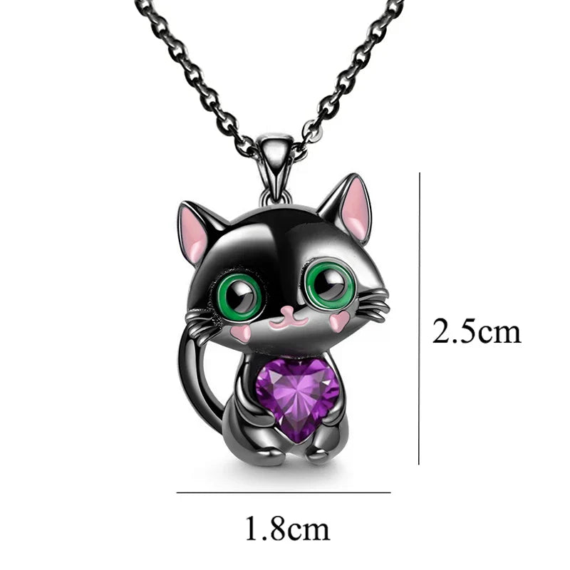 Cartoon Black Cat Pendant Necklace with Purple Heart Crystal for Women and Men Jewelry Accessory
