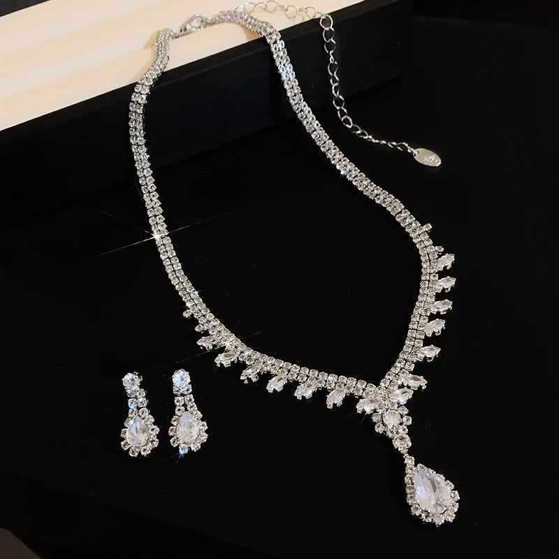 Large Water Drop Rhinestone Necklace and Earrings Set for Women Bridal Wedding Party Jewelry