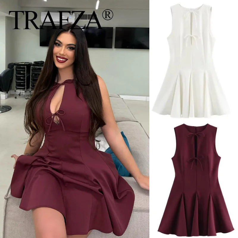 White Bow Pleated Mini Dress For Summer Party Elegant