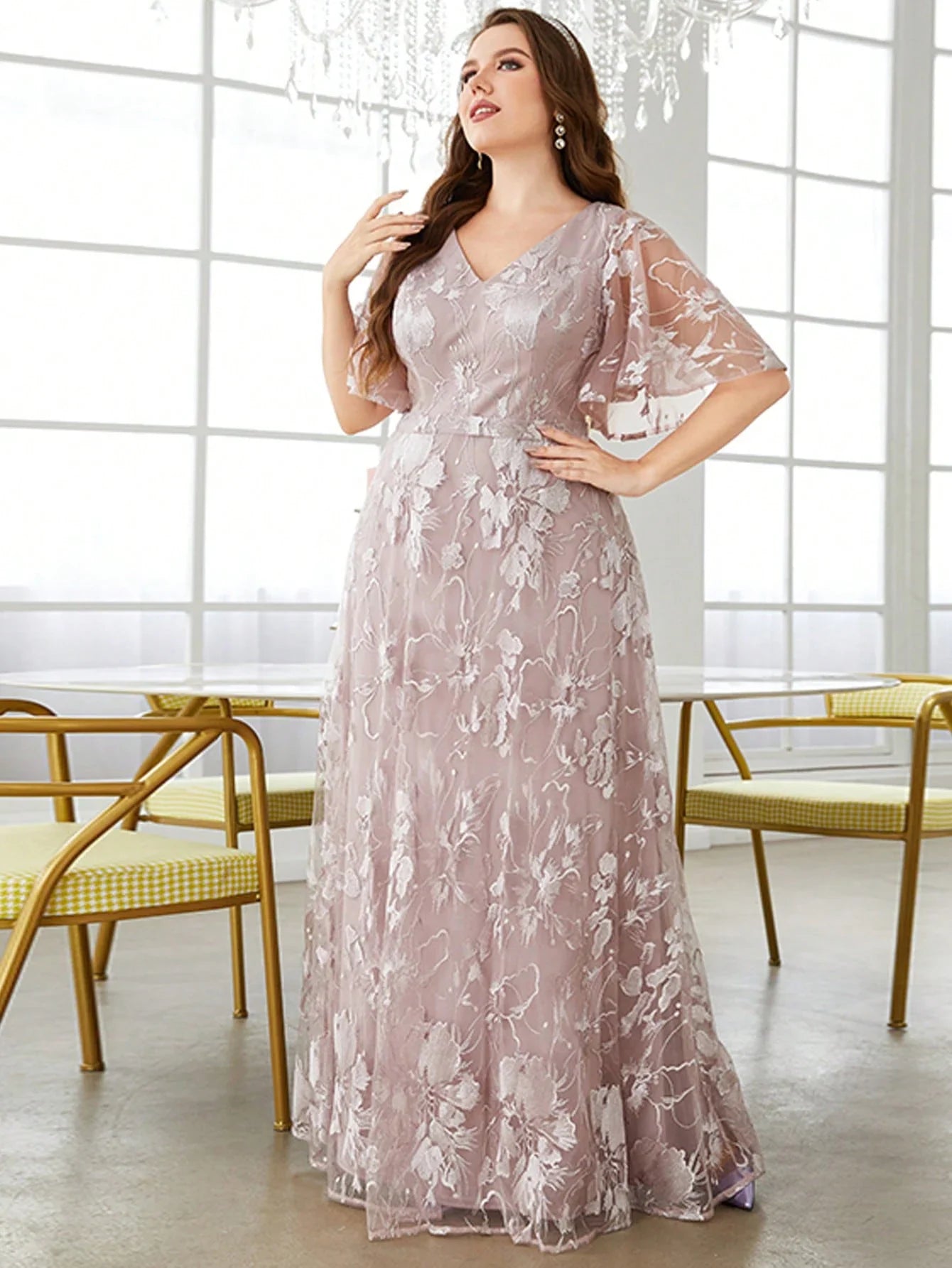 V Neck Lace Embroidered Dress With Large Flared Sleeves
