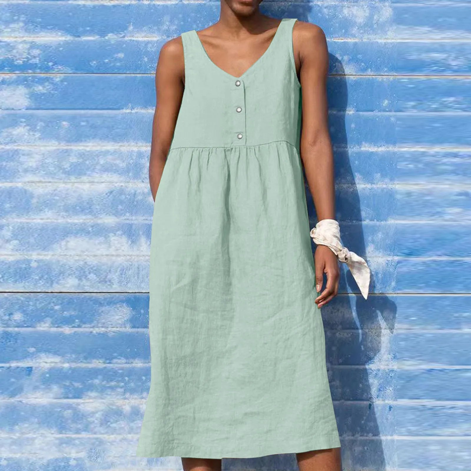 Boho Cotton Linen Sleeveless Dress For Women Summer Holiday