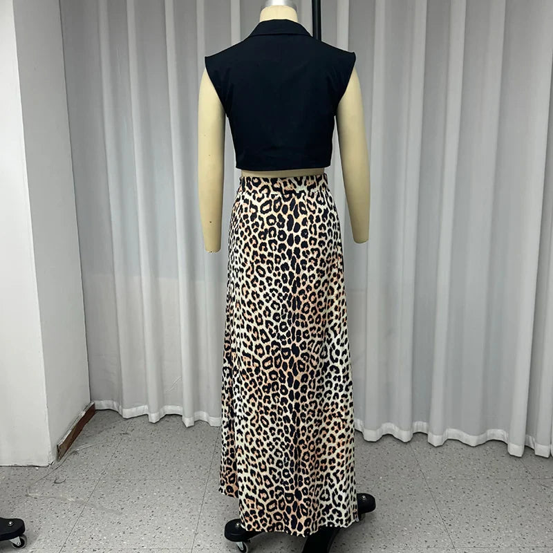 Women Two Piece Set Sleeveless V Neck Single Button Tank Top with A Line Slit Printed Long Skirt Elegant Summer Outfit