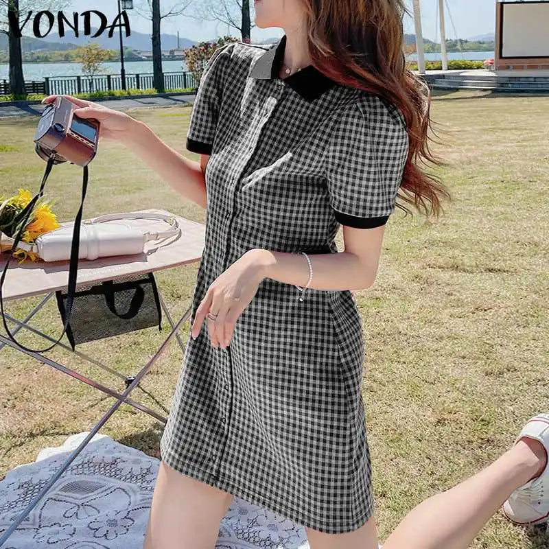 Boho Plaid Mini Dress Puff Sleeve A Line Sundress Style