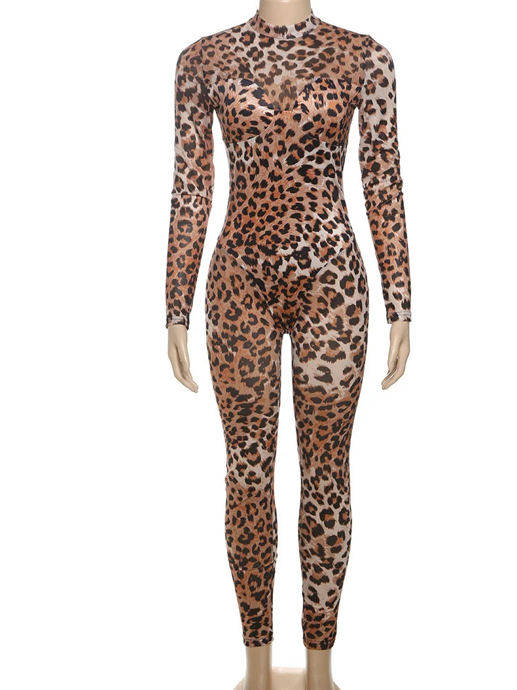 Sexy Leopard Print Mesh Jumpsuit for Women Full Sleeve Skinny Fit Round Neck One Piece Overalls