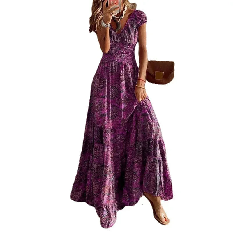 Bohemian Maxi Dress Floral Print Cinched Waist Long