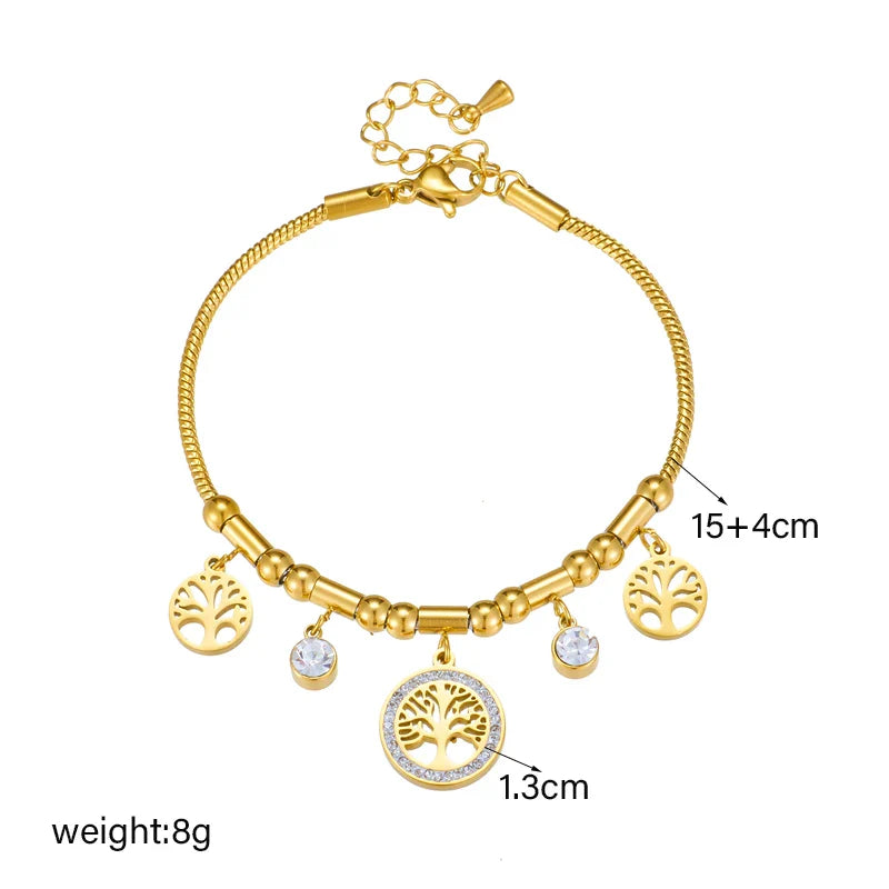 Golden Life Tree Stainless Steel Bracelet with White Zircon Pendant for Women Elegant Jewelry Gift