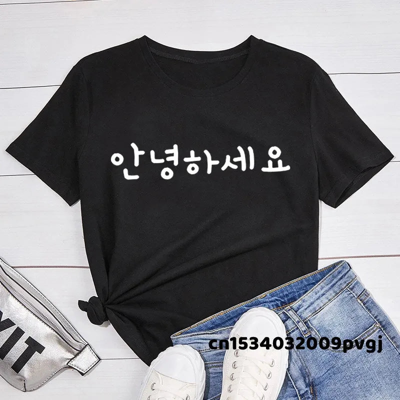Korean Hangul Annyeonghaseyo Graphic T-Shirt for Women Kpop Fashion Short Sleeve Kawaii Summer Tee