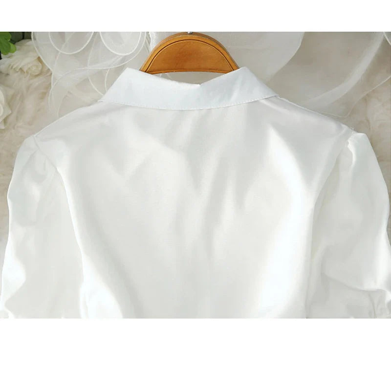 Women's White Button-Up Shirt with Tied Waist Elegant Solid Blouse Tunic Top Summer Casual Office Wear