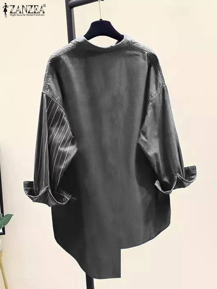 Women's Striped Patchwork Long Sleeve Shirt Casual Loose Blouse with Front Pocket and Shirt Collar Oversized Work and Everyday Wear Top