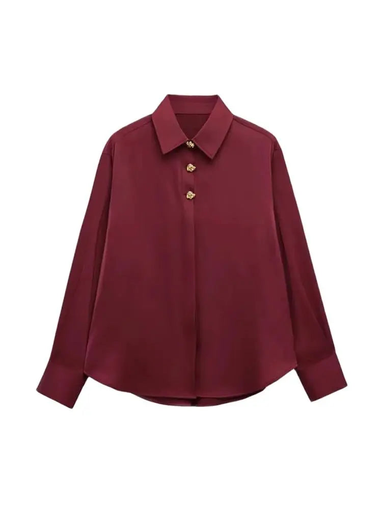 Long Sleeve Lapel Collar Blouse for Women with Fashion Gold Buttons Chic Elegant Office Shirt