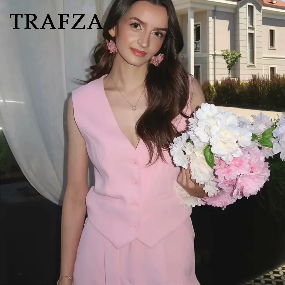 Casual Solid Color V Neck Sleeveless Single Breasted Vest With Elegant Mid Waist Wide Leg Pants Set