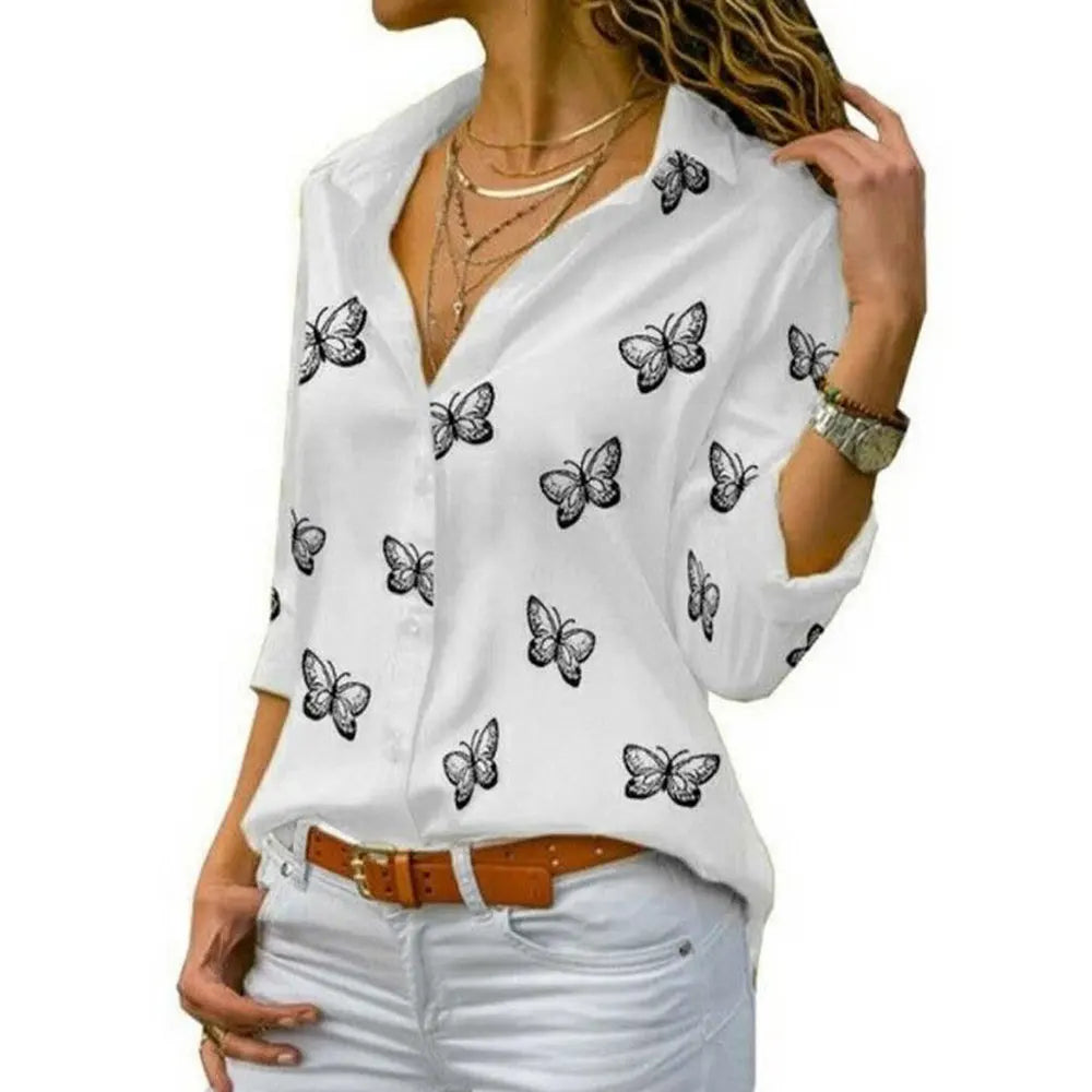 Elegant Women Butterfly Print Loose Fit Long Sleeve Blouse with Turn Down Collar Casual Oversized Office Shirt for Spring and Autumn