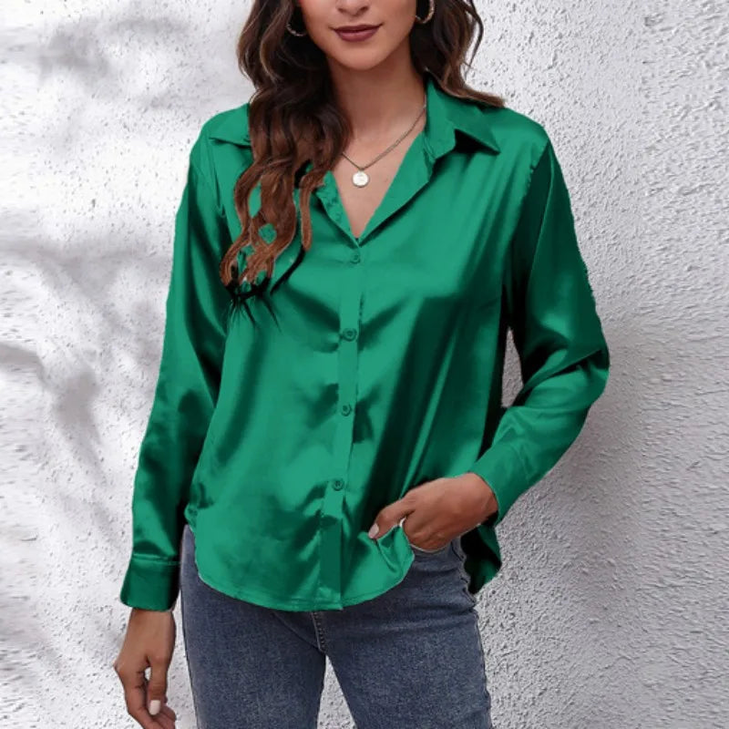 Women's Loose Satin Blouse Button Up Shirt Long Sleeve Imitation Silk Spring Top