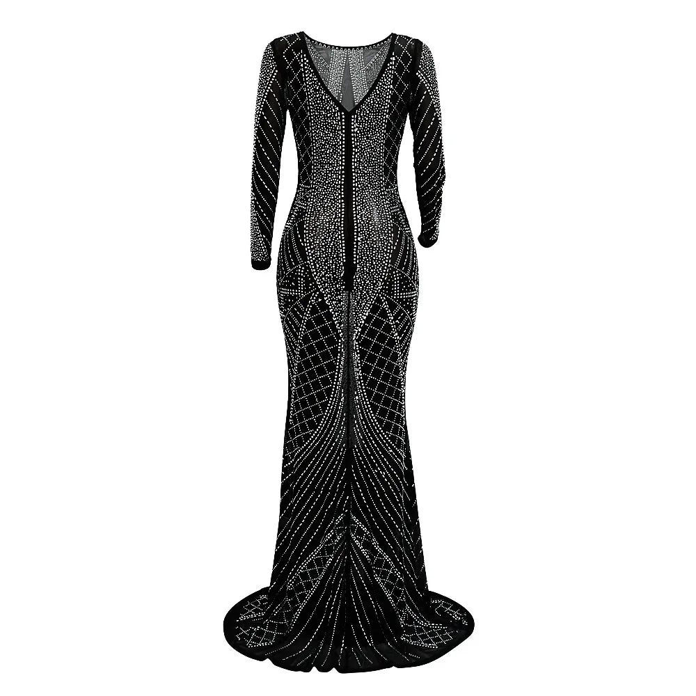 Sexy Mesh Diamond Embellished Maxi Dress for Evening Party