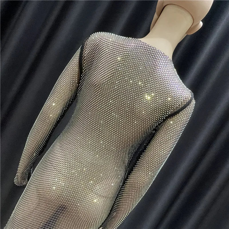 Rhinestone See Through Club Dress With Fishnet Details