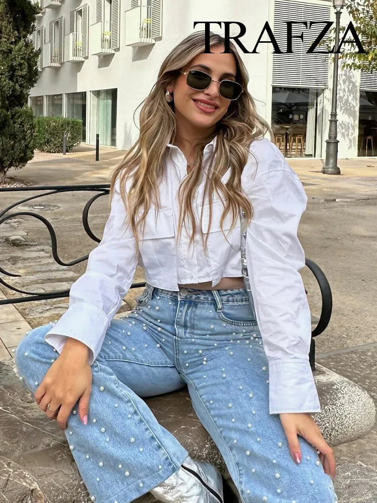 Multicolor Women's Pocket Shirt Chic Single Breasted Long Sleeve Lapel Casual Top Elegant Fashion Blouse