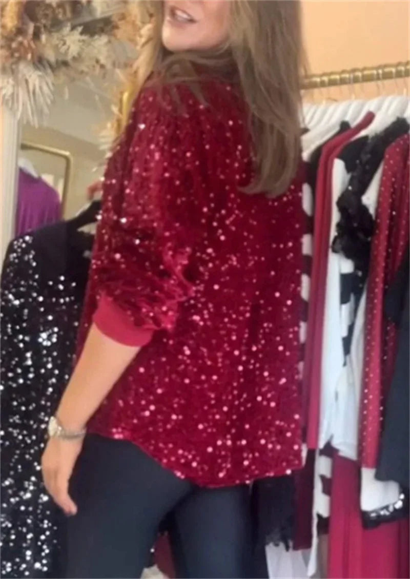 Sequin Lapel Women's Black Shirt Casual Glitter Loose Long Sleeve Single Breasted Retro Party Top Streetwear