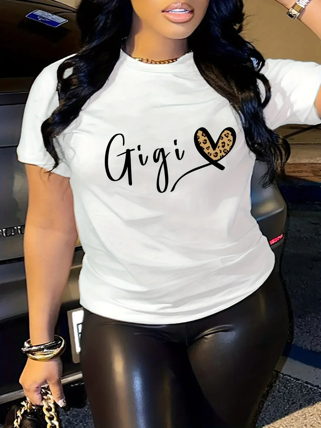 Gigi Letter Heart Print Casual T-Shirt for Women, Crew Neck Short Sleeve Everyday Top