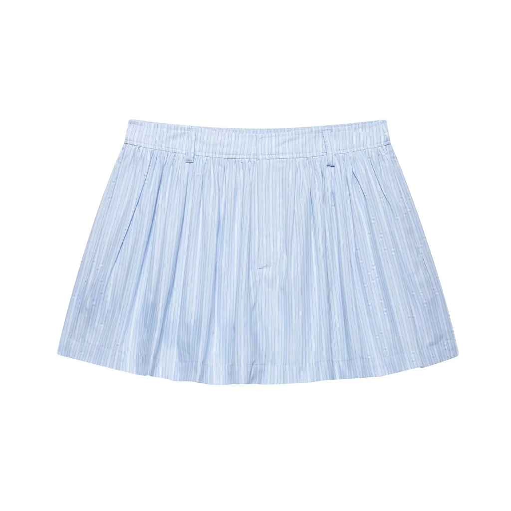 Women's Chic Two-Piece Blue Striped Long Sleeve Shirt and Front Zipper Mini Skirt Set