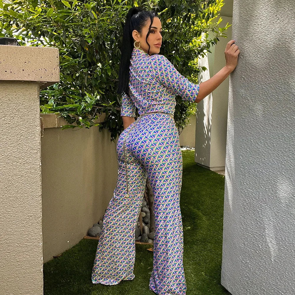 Elegant Chic Printed Women One Piece Slim Fit V Neck Long Sleeve Wrap Waist Jumpsuit Office Fashion Outfit