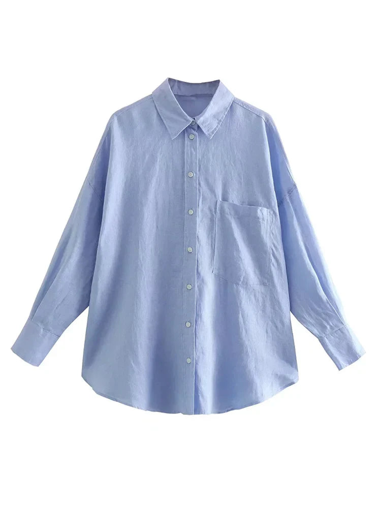 Women's Oversized Vintage Long Sleeve Button-Up Shirt with Pocket Chic Blouse Top