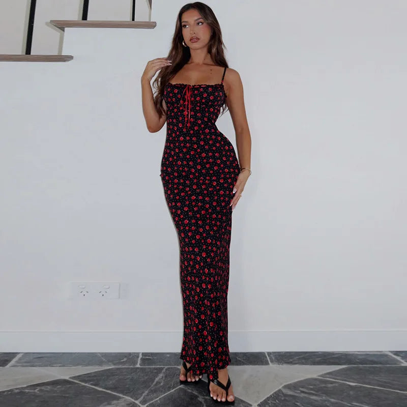 Rose Print Maxi Dress for Women Summer Bodycon Style