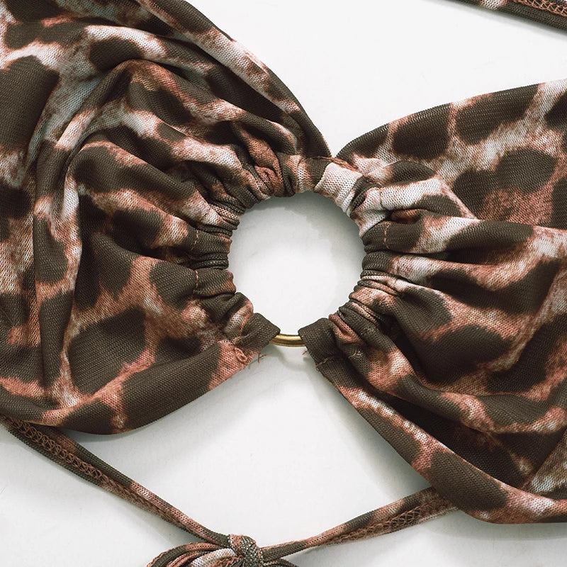 Leopard Print Mesh Long-Sleeved See-Through Sexy Set with Lace-Up Bustier, Short Shawl and Elastic Waist Pants