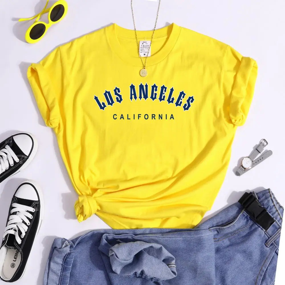 Los Angeles Letter Print Women's Casual T-Shirt Short Sleeve Crewneck Summer Style