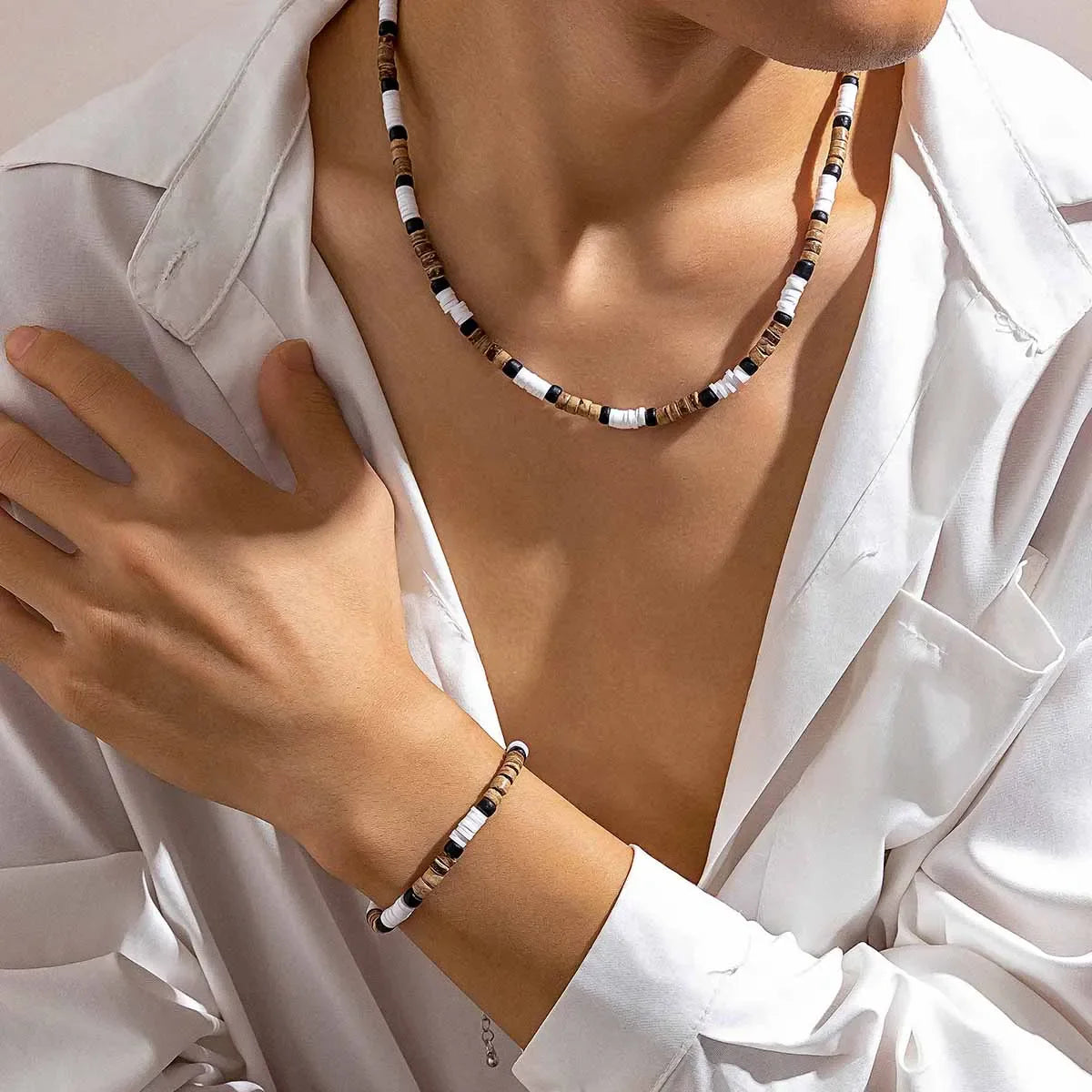 Vintage Natural Clay Beads Bracelet Necklace Set for Men Tribal Jewelry