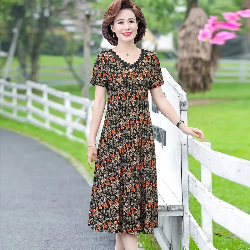 Bohemian Summer Dress With V Neck Print Vintage Midi
