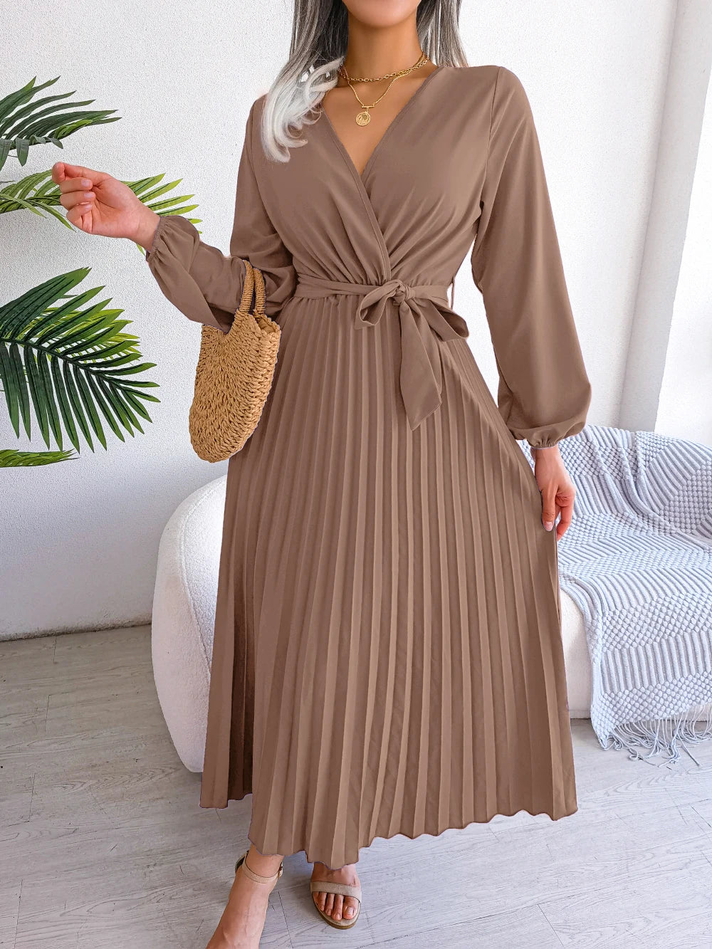 Elegant Surplice Neck Pleated Maxi Dress With Belt Flair