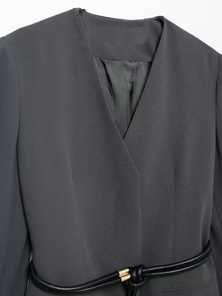 Women's Fashion Long Sleeve Suit Jacket with Belt and Zipper Straight Pants Set