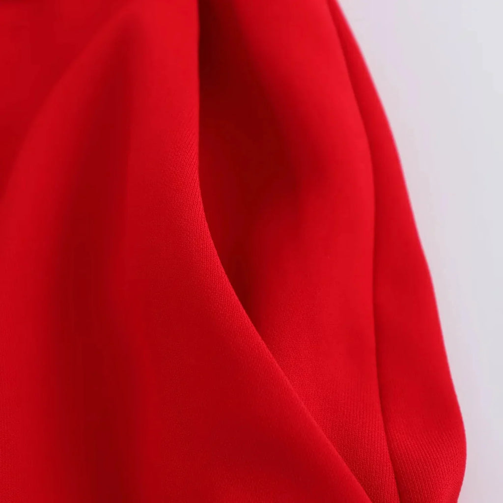 Chic Red Sleeveless Blazer and High Waist Wide Leg Pants Set for Office Ladies with V Neck and Sashes