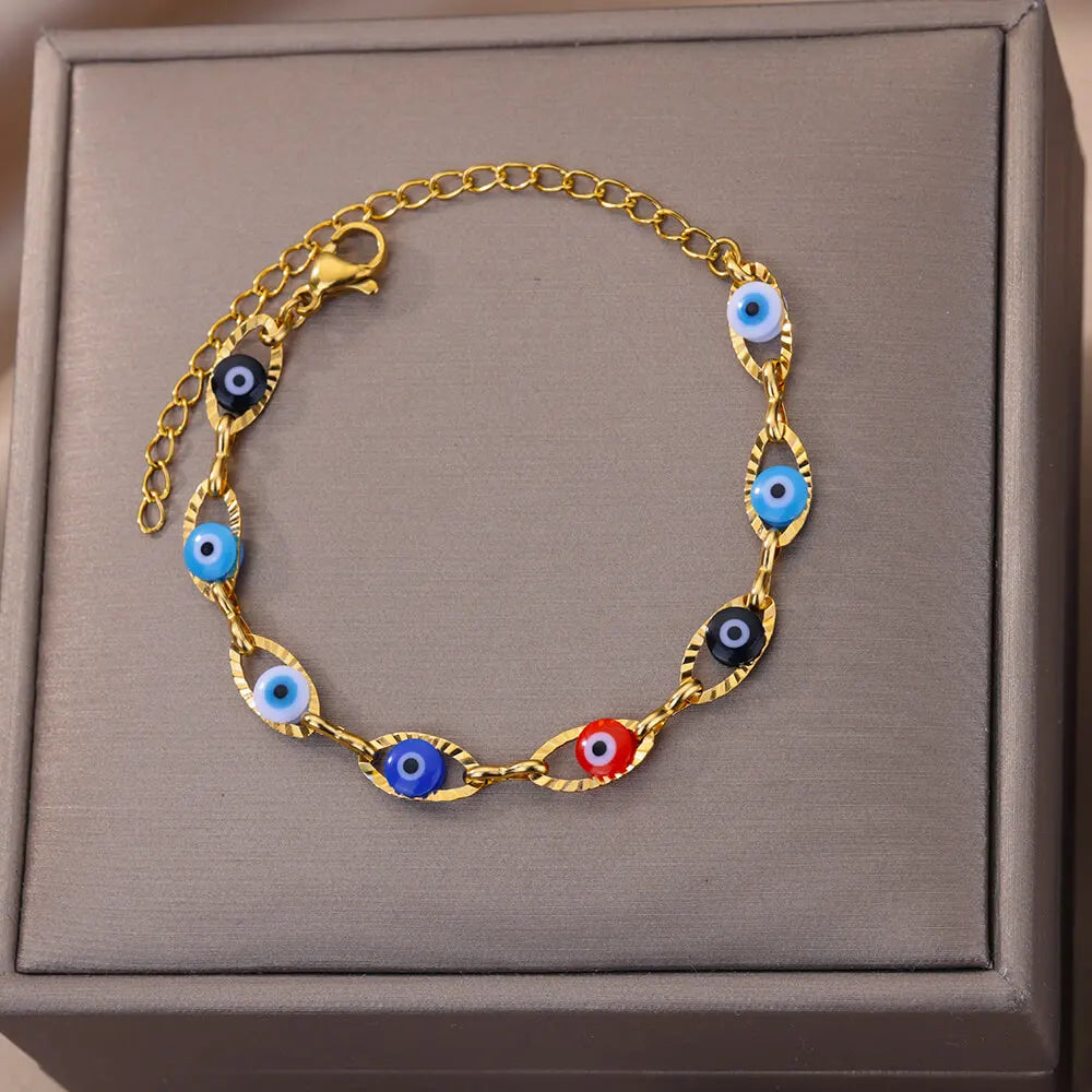 Gothic Rainbow Evil Eye Bracelet for Women Stainless Steel Gold Color Turkish Charm Chain Jewelry