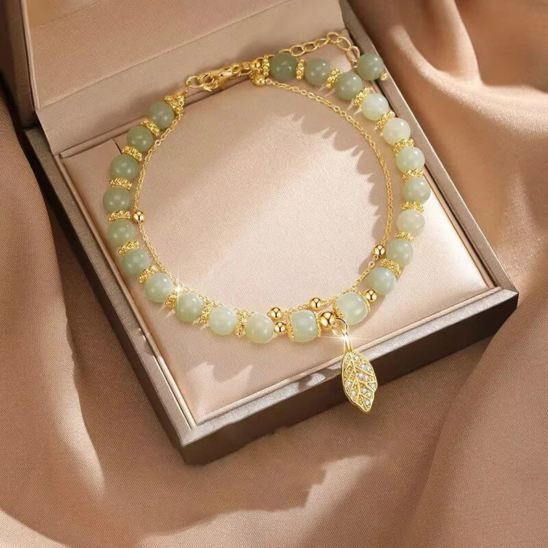 Chinese Style Green Jade Bracelet for Women with Gold Leaves Double Chain Design Elegant Bangle Gift for Special Occasions