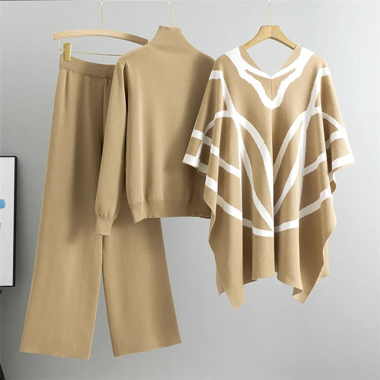 Women's Knitted Spring Three Piece Set with Casual Pullover Sweater, Stripe Shawl, and Wide Leg Pants Outfit