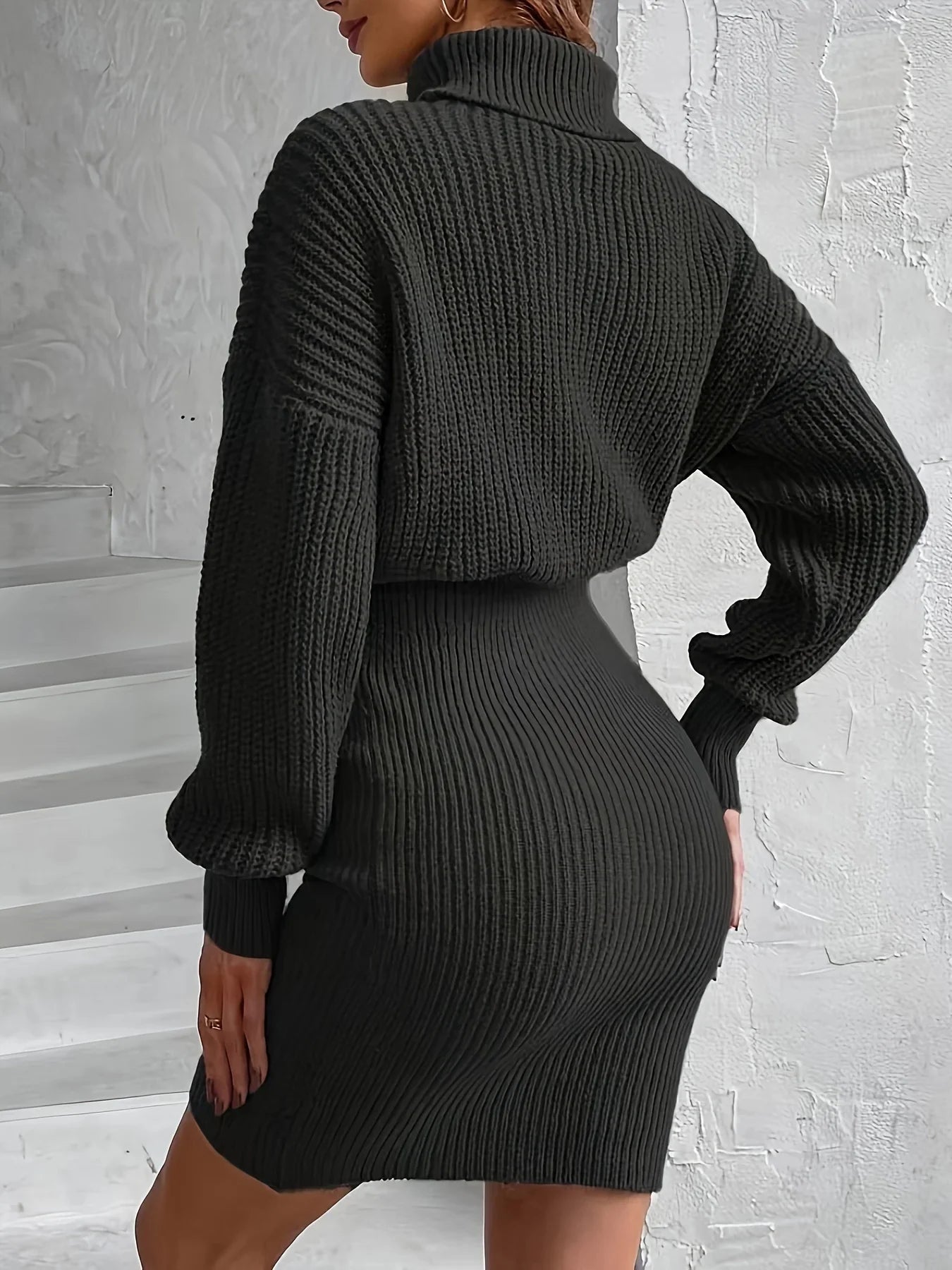 Slim Fit High Neck Dropped Sleeve Sweater Dress For Women