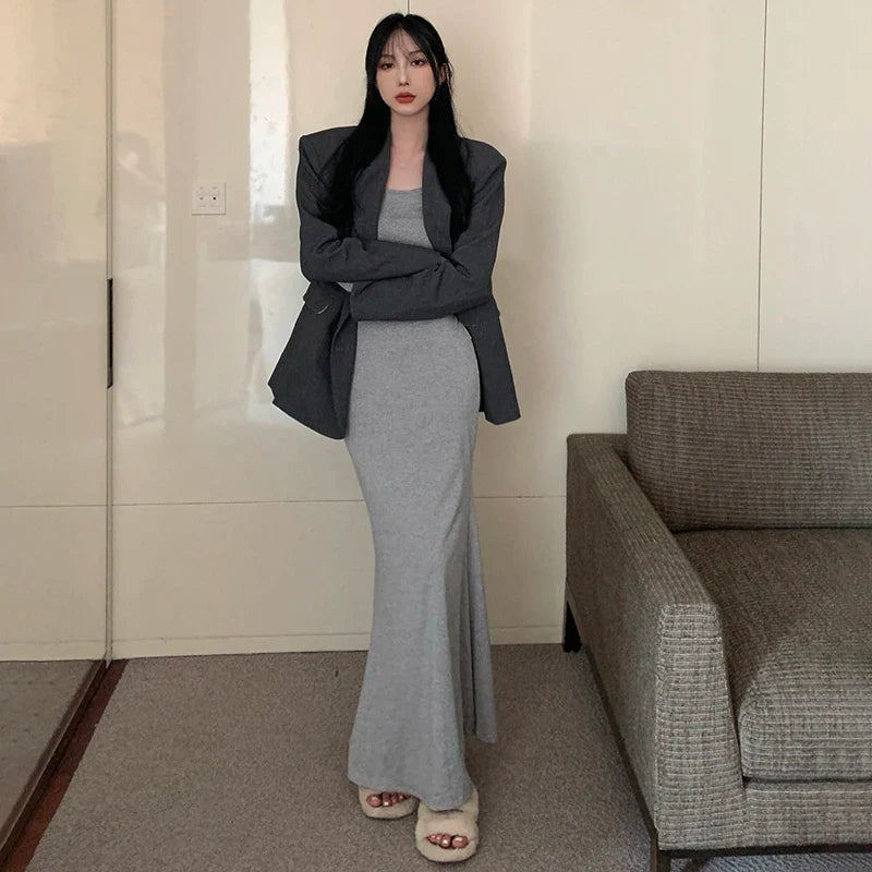 Korean Style Square Neck Wrap Dress With Fishtail Hem