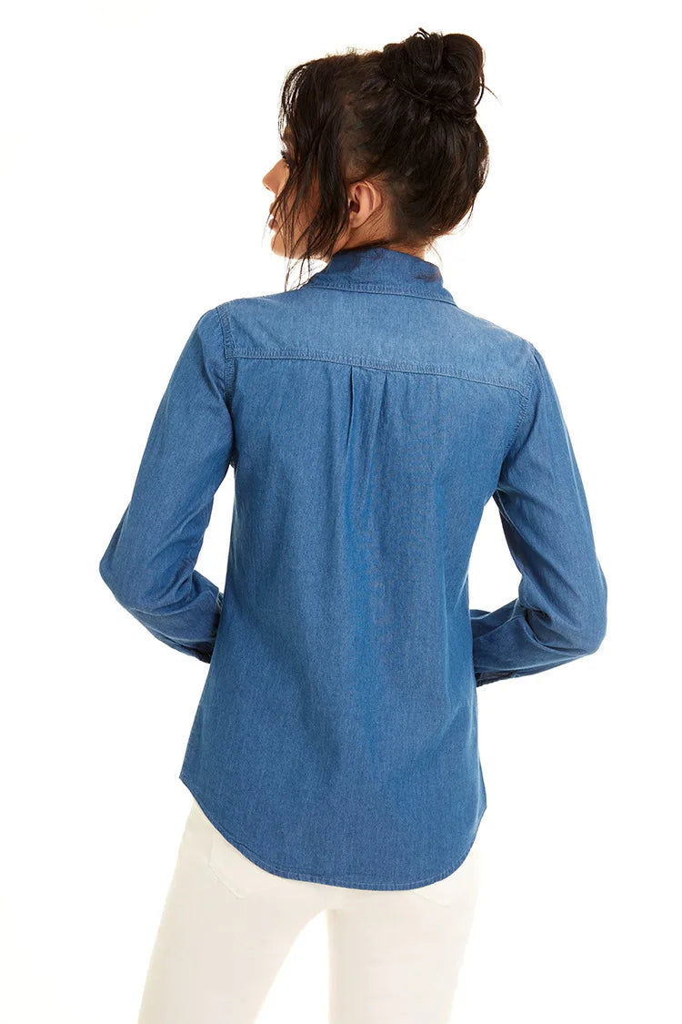 Light Blue Slim Fit Cotton Denim Shirt for Women Long Sleeve Casual Thin Jeans Blouse Top