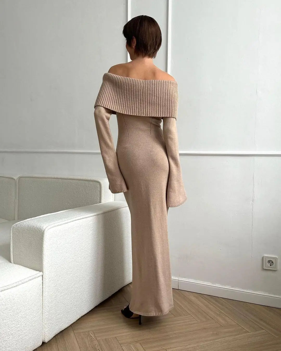 White Autumn Knit Dress For Women Off Shoulder Ribbed