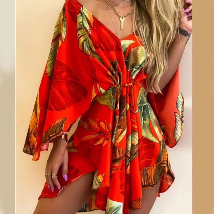 Printed Beach Resort Dress V Neck Bat Wing Sleeve Lace Up