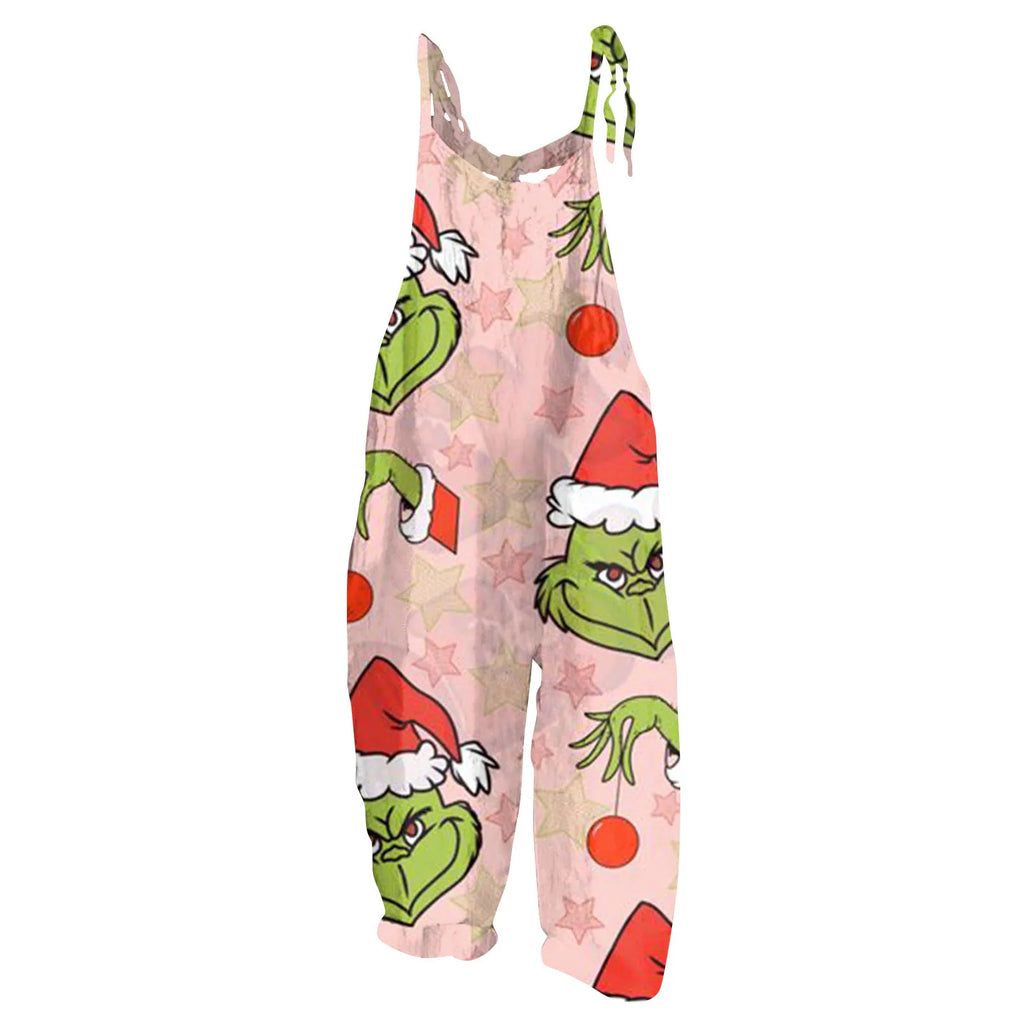 Kawaii Cartoon Print Casual Loose Vintage Strappy Jumpsuit Women's Fashion Festival Pants with Christmas Theme