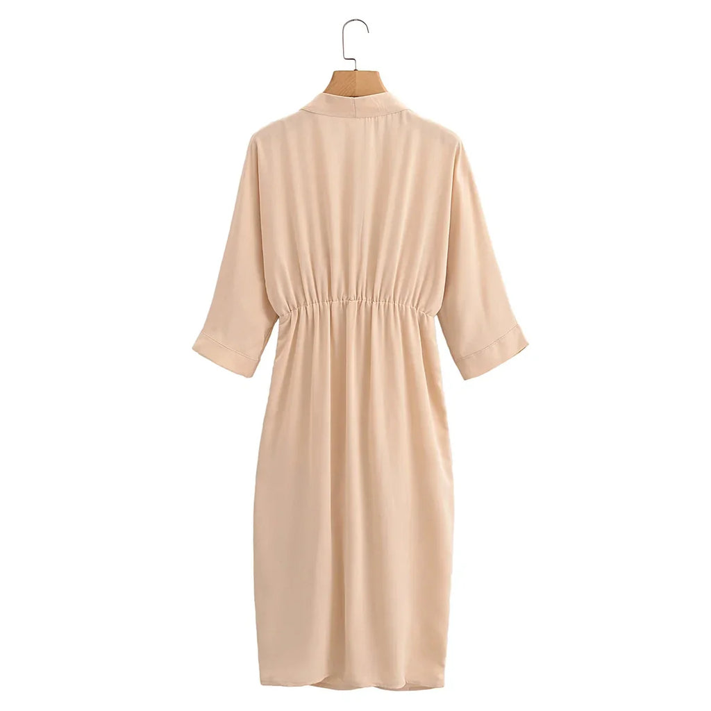 Women Elegant Solid Waist Draped V Neck Evening Dress