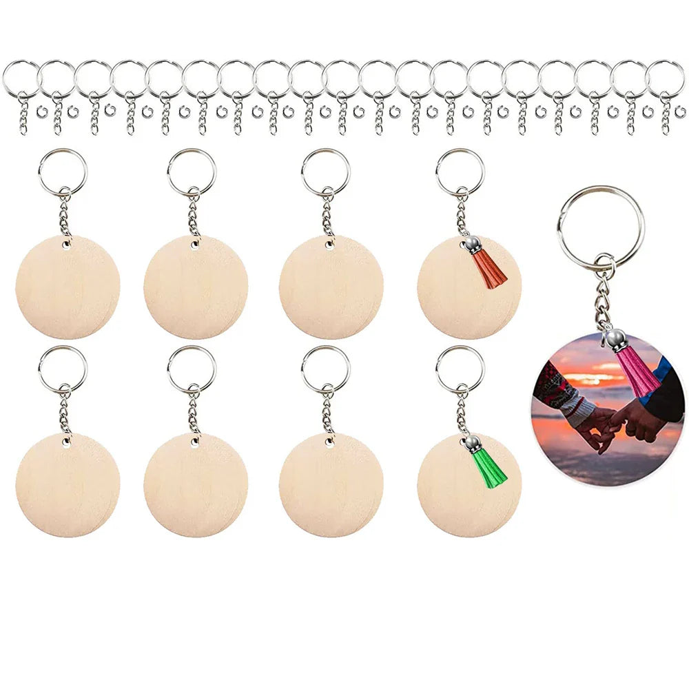 30 Piece Wooden Keychain Blanks Set with Rectangle and Round Ornaments for DIY Crafts