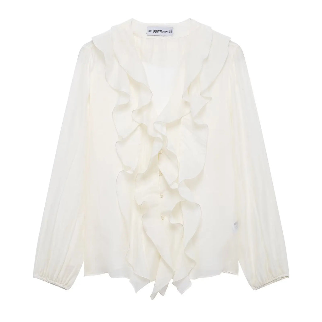 Laminated V Neck Long Sleeve Casual Shirt for Women with Versatile Temperament and Elegant Fit